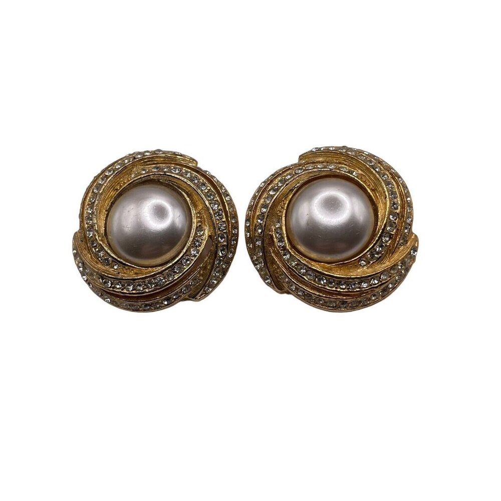 Faux Pearl Gold Tone Clear Pave Rhinestone Button Chunky Clip On Earrings VTG